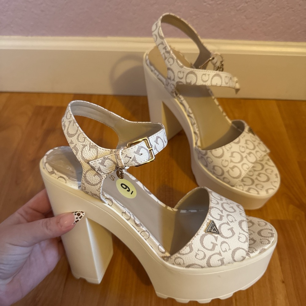 Guess white platform sandal heels